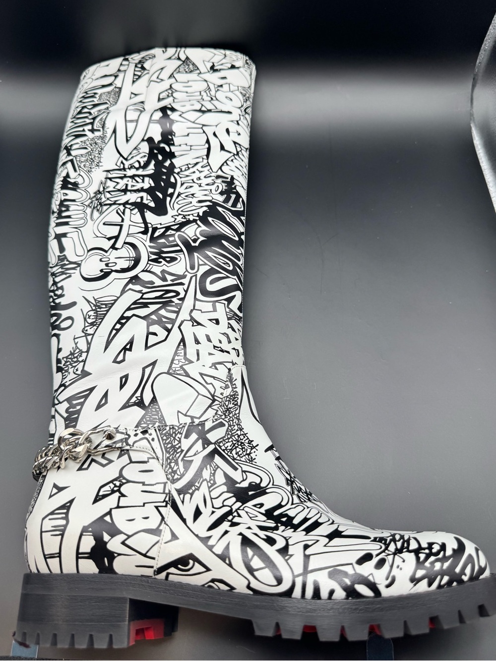 Christian Louboutin Roadie Graffiti Chain Boots Black White Leather EU 37
